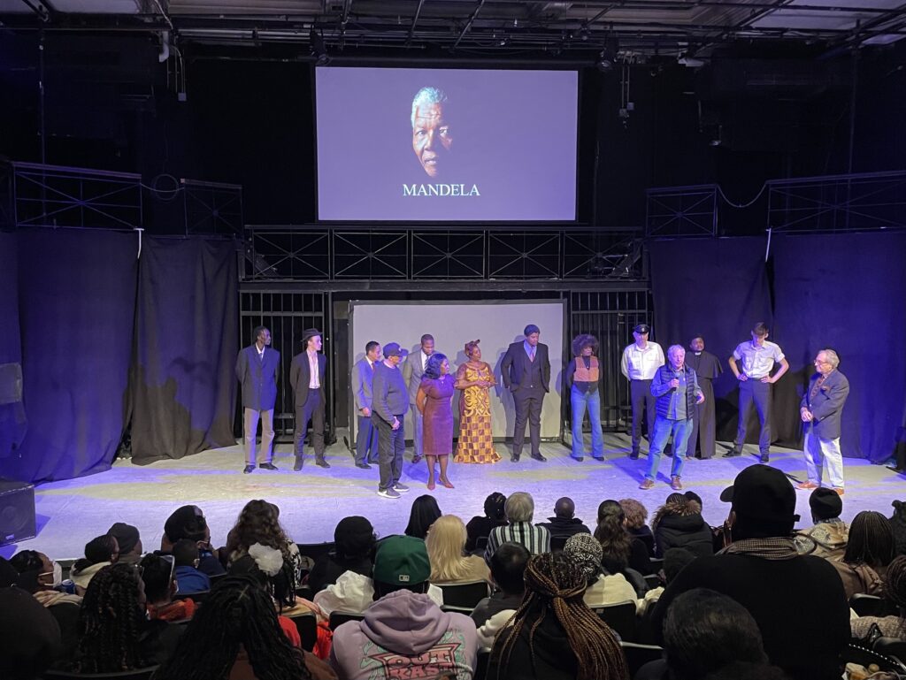 Freedom Riders Lew Zuchman and Bob Heller join the cast, directors, and producers of the play Mandela on stage in front of a sold out theatre.