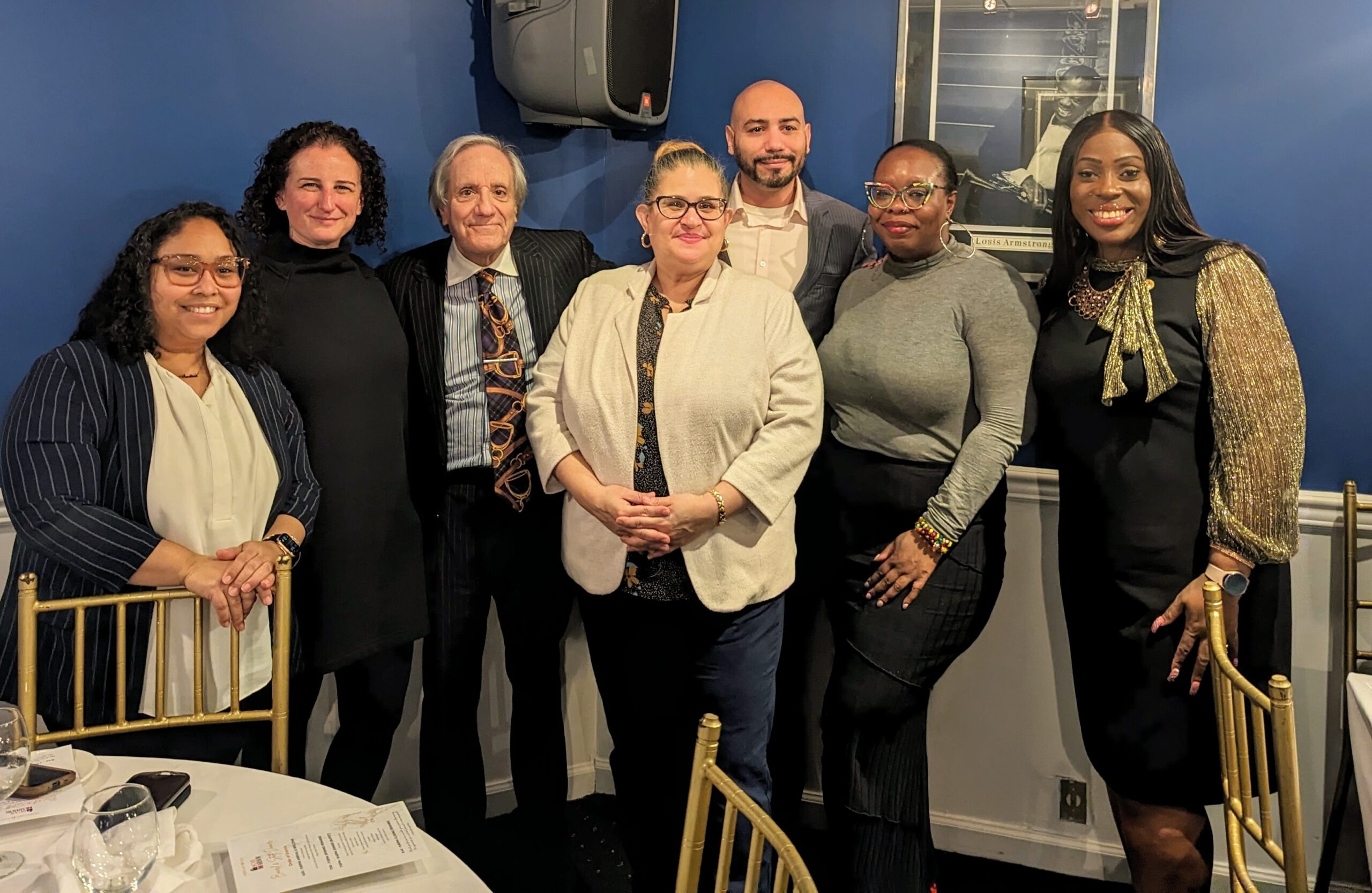 Photograph of City Officials invited to SCAN-Harbor Board and Staff Dinner February 27, 2024. From to Left to Right: Chief of Staff for City Council Member Diana Ayala- Elsie Encarnacion, PSA5 Captain- Rebecca C. Bukofzer-Tavarez, SCAN-Harbor Executive Director- Lew Zuchman, City Council Member and Deputy Speaker- Diana Ayala, SCAN-Harbor Board President- Jamel Oeser-Sweat, City Council Member- Althea Stevens, Bronx Borough President- Vanessa L. Gibson 